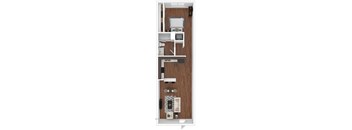 A small apartment layout with a bed, desk, and kitchenette.