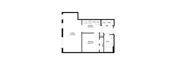 A floor plan of a small apartment with a kitchen, living room, and bedroom.