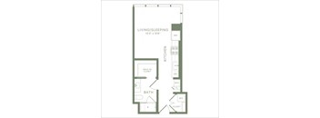 A floor plan of a small apartment with a living/sleeping area, kitchen, bathroom, and walk-in closet.