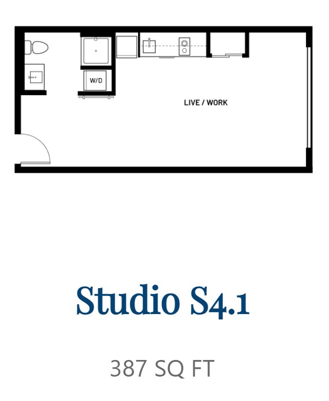 A floor plan for a Studio S4.1 is 387 square feet.