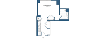 A floor plan of a living/sleeping area with a living room, dining room, and kitchen.