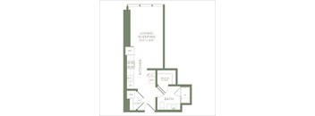 A floor plan of a small apartment with a living room, kitchen, bathroom, and bedrooms.
