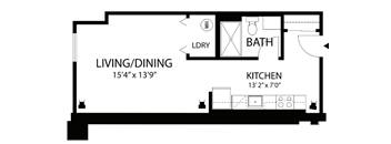 A floor plan of a small apartment with a living/dining room, kitchen, bathroom, and laundry room.