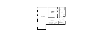 A floor plan of a small apartment with a living room, kitchen, bathroom and sleeping area.