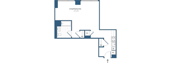 A blueprint of a living/sleeping area with a living/sleeping area of 21' x 4' x 14'.