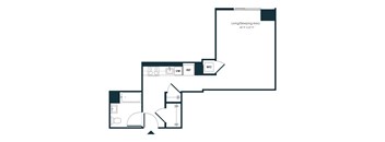 A floor plan of a living area with a sleeping area, a kitchen, and a bathroom.
