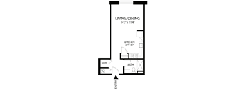 A floor plan of a living/dining area with a kitchen, bathroom, and entry.