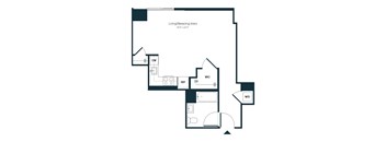 A floor plan of a living/sleeping area with a living room, dining room, kitchen, and bathroom.