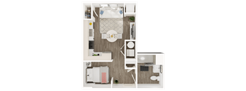 A top-down view of a small, neatly organized apartment with a kitchen, living room, and bathroom.