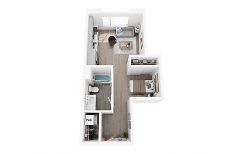 A white floor plan of a house with a kitchen, living room, and two bedrooms.