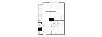 a floor plan of a studio apartment with a bedroom and a living room