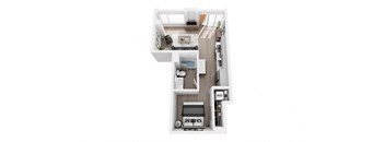 A top down view of a small apartment with a living room, kitchen, and bathroom.