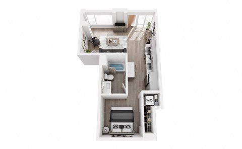 A top down view of a small apartment with a living room, kitchen, and bathroom.