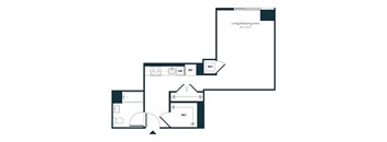 A floor plan of a house with a living/sleeping area.