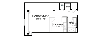 A floor plan of a living/dining area that is 20 feet by 19 feet.