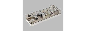 A 3D rendered image of a modern apartment layout.
