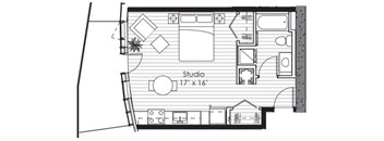 A floor plan of a house with a studio labeled "17'x16'".