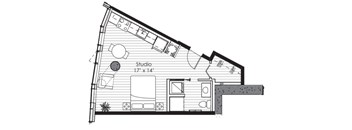A floor plan of a studio apartment with a studio size of 17 x 14.