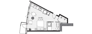 A floor plan of a studio apartment with a bedroom, living room, and kitchen.