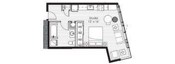 A floor plan of a studio apartment with a kitchen, living room, and bathroom.