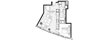 A floor plan of a living space with a dining area and a bedroom.