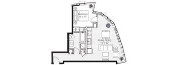 A black and white drawing of a house floor plan with a bedroom and a living dining area.