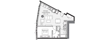 A floor plan of a small apartment with a kitchen, living room, and bedroom.