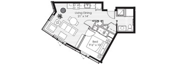 A black and white floor plan of a living space with a dining area and a bed.