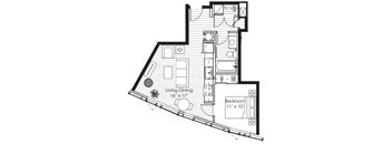 A floor plan of a small apartment with a living dining area and a bedroom.