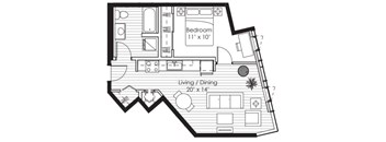 A floor plan of a room with a bedroom and living/dining area.