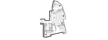 A black and white image of a house floor plan with a living dining area and three bedrooms.