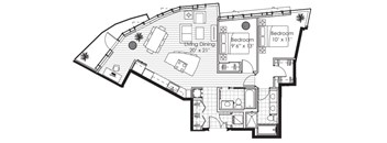 A black and white image of a house floor plan with two bedrooms.