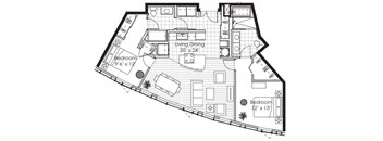 A black and white floor plan of a house with a living dining area and two bedrooms.