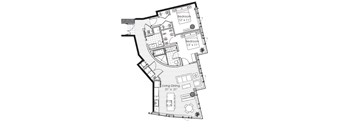 A black and white image of a house floor plan with two bedrooms, a living room, and a dining area.