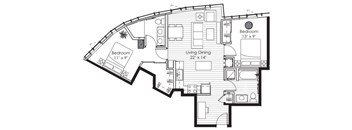A black and white image of a house floor plan with two bedrooms, a living room, and a dining area.