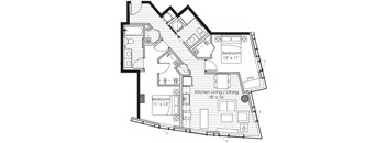 A black and white image of a house floor plan with two bedrooms and a kitchen living/dining area.