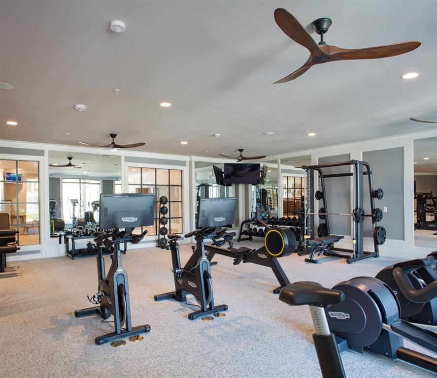 a gym with weights and cardio equipment in a home gym