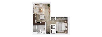 A top-down view of a modern bathroom with a toilet, sink, and bathtub.