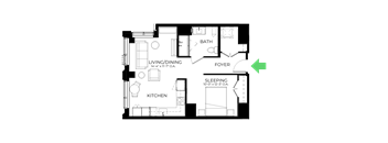 A floor plan of a small apartment with a living/dining area, kitchen, sleeping area, and bathroom.