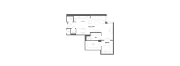 A floor plan of a house with a kitchen, living room, dining room, bathroom, and two bedrooms.