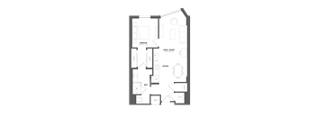 A floor plan of a house with a living room, dining room, kitchen, and bathroom.