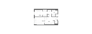 A floor plan of a house with a bedroom, living room, kitchen, and bathroom.