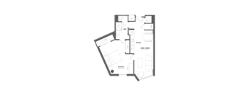 A floor plan of a living space with a kitchen, dining area, and bedroom.