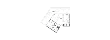 A floor plan of a house with a living room, dining room, kitchen, two bedrooms, and bathrooms.