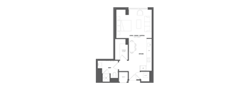 A floor plan of a living, dining, and sleeping area with a kitchen, bathroom, and a workspace.
