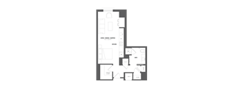 A floor plan of a house with a living room, kitchen, bathroom, and bedrooms.