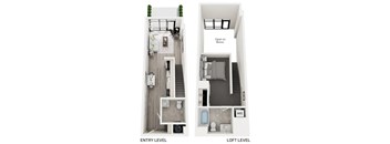 A diagram of a two-level apartment with a loft and entry level.