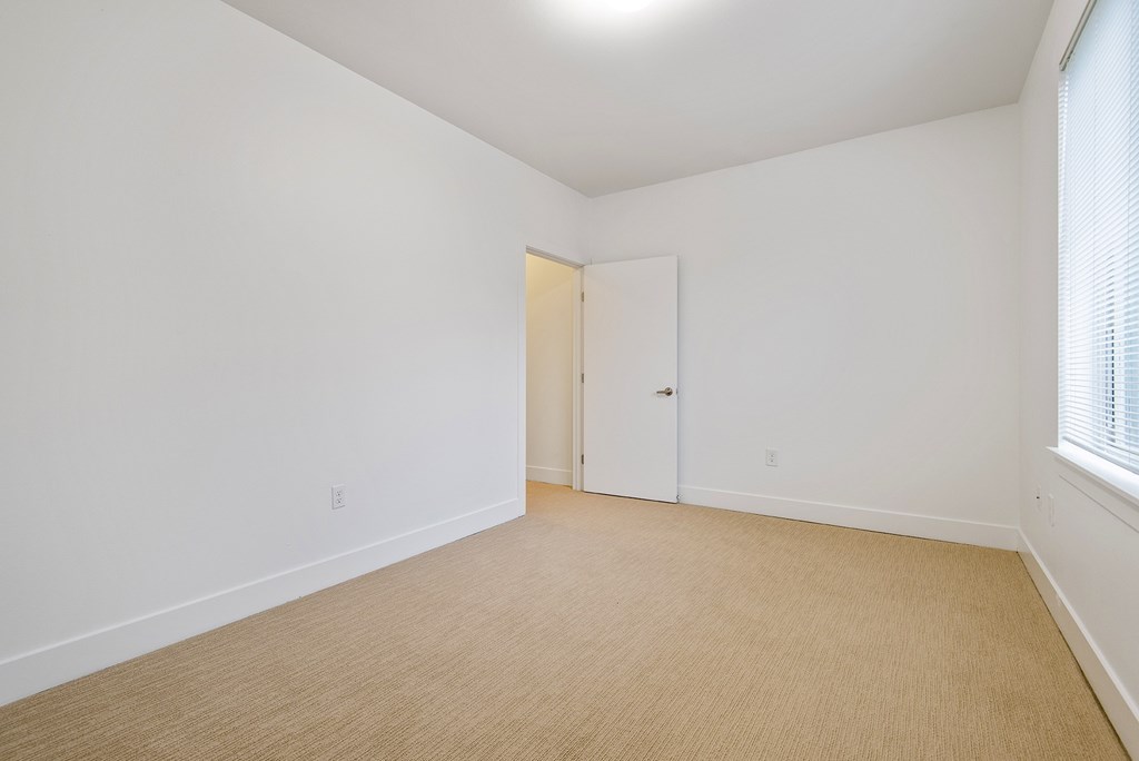 A room with a white door and a window with blinds.
