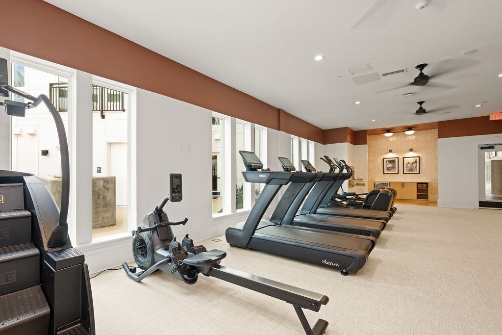 A gym with treadmills and elliptical machines.