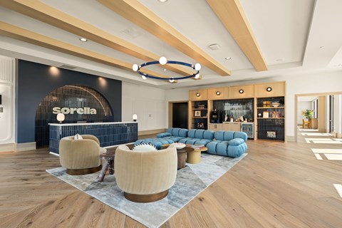 A modern living room with a blue sofa and wooden floors.